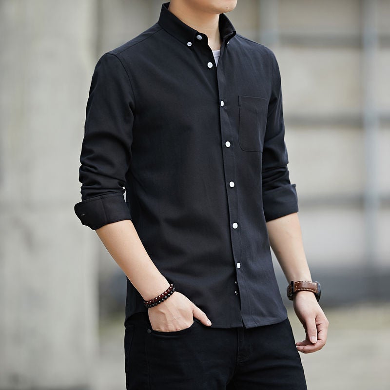 Generic Spring and Autumn Oxford Spinning Shirt Mens Long-sleeved Solid Color Youth Casual Students Slim-fit Korean Style Trendy Shirt Sky Blue  - Image 3