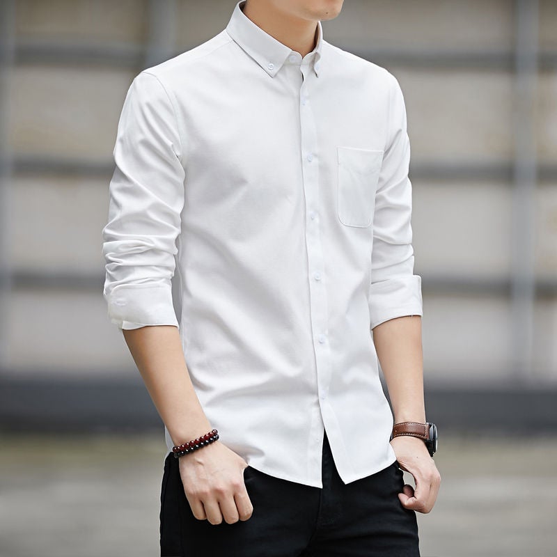 Generic Spring and Autumn Oxford Spinning Shirt Mens Long-sleeved Solid Color Youth Casual Students Slim-fit Korean Style Trendy Shirt Sky Blue  - Image 4