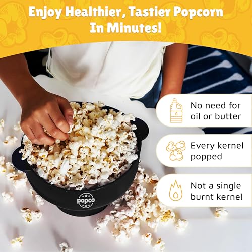Popco Silicone Popcorn Maker - Microwave Popcorn Popper with Handles - Collapsible Bowl, Heat-Resistant, Easy to Clean, Ideal for Family Movie Nights, 15-Cup Capacity - Black - Image 2