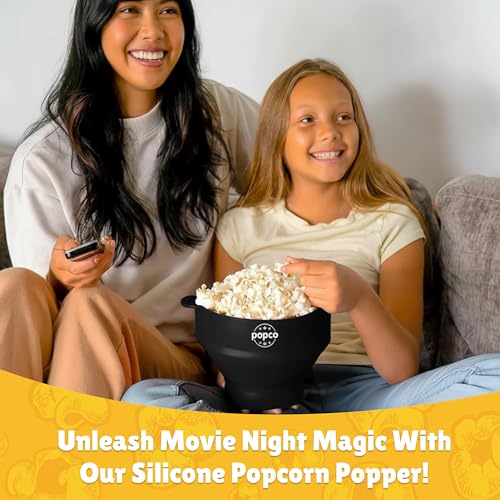 Popco Silicone Popcorn Maker - Microwave Popcorn Popper with Handles - Collapsible Bowl, Heat-Resistant, Easy to Clean, Ideal for Family Movie Nights, 15-Cup Capacity - Black - Image 4