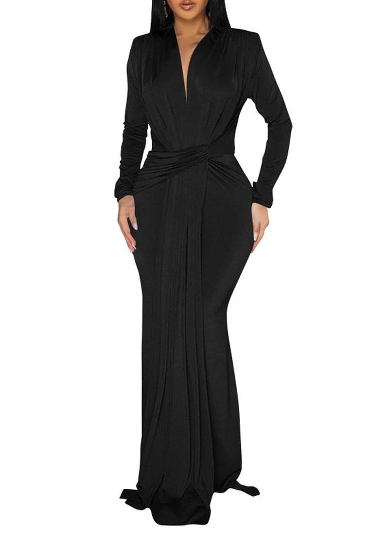 Memoriesea Women's Elegant Long Sleeve Deep V Neck Bodycon Party Evening Gown Maxi Dress Black - Image 1