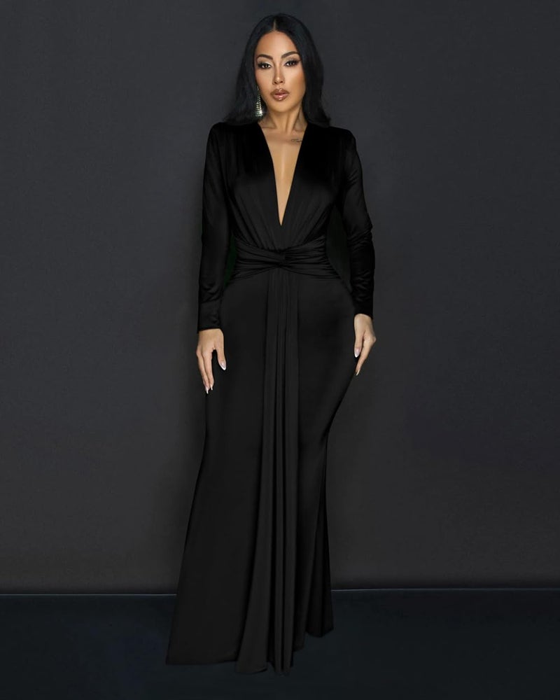 Memoriesea Women's Elegant Long Sleeve Deep V Neck Bodycon Party Evening Gown Maxi Dress Black - Image 4