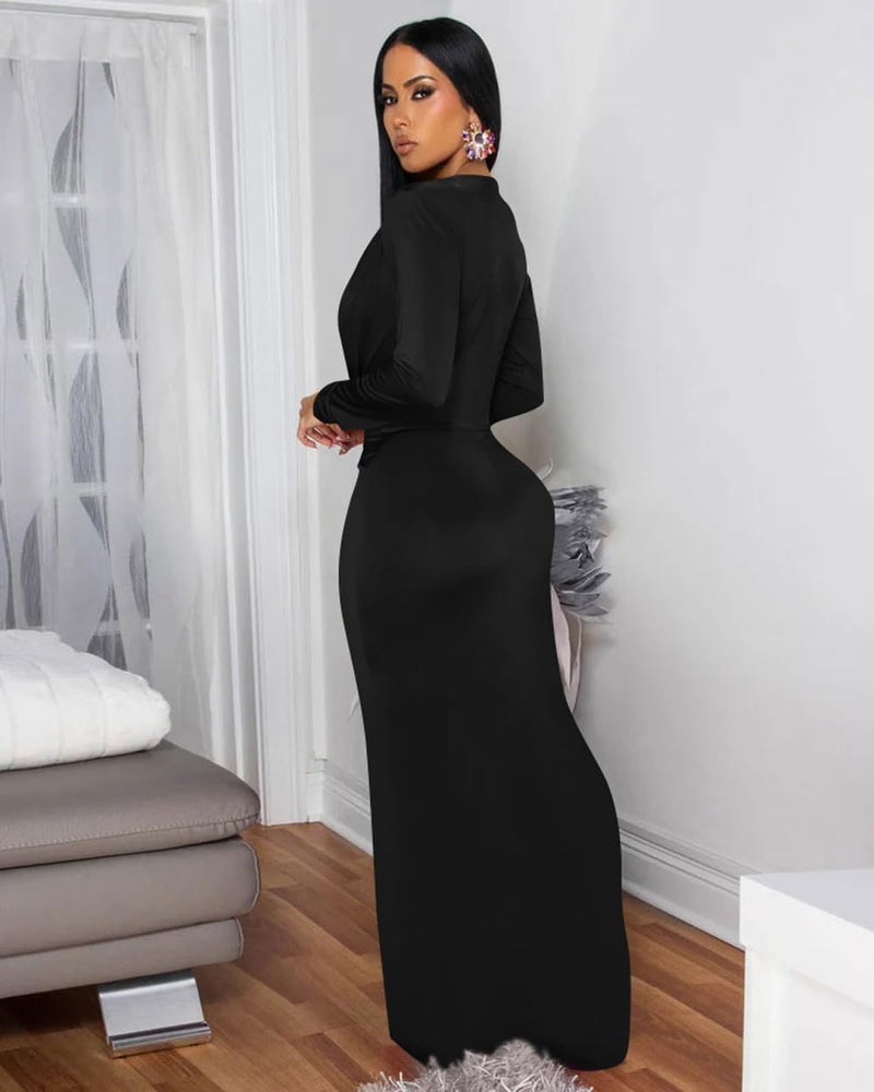 Memoriesea Women's Elegant Long Sleeve Deep V Neck Bodycon Party Evening Gown Maxi Dress Black - Image 3