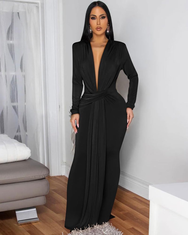 Memoriesea Women's Elegant Long Sleeve Deep V Neck Bodycon Party Evening Gown Maxi Dress Black - Image 2