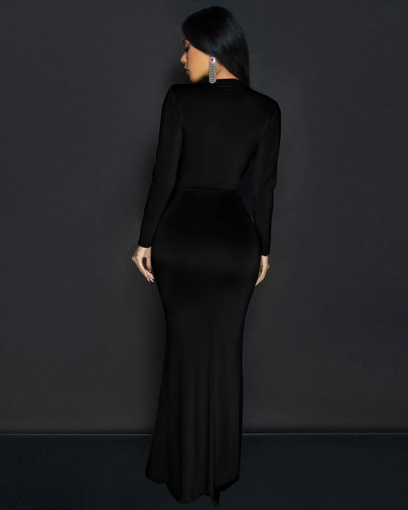 Memoriesea Women's Elegant Long Sleeve Deep V Neck Bodycon Party Evening Gown Maxi Dress Black - Image 5