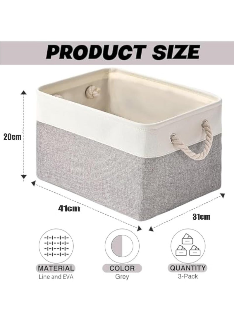 Arabest 3 Pack Collapsible Storage Bins for for Organizing Toys, 41*31*20 Cm Storage Basket,Books, Shelves, Closet, Fabric Storage for Gift Closet Linen Organization (White & Grey) - Image 2