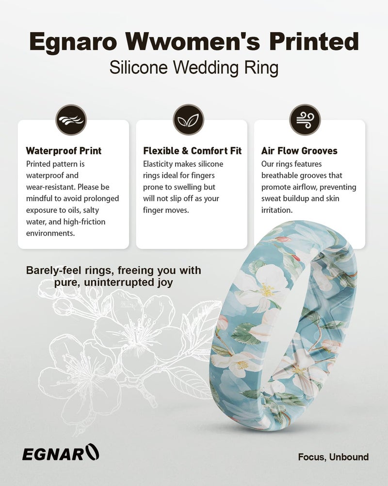 Egnaro Women's Silicone Statement Rings, 5.2mm Wide 2mm Thick Rubber Printed Floral Wedding Bands For Her Size 4-12 - Image 4