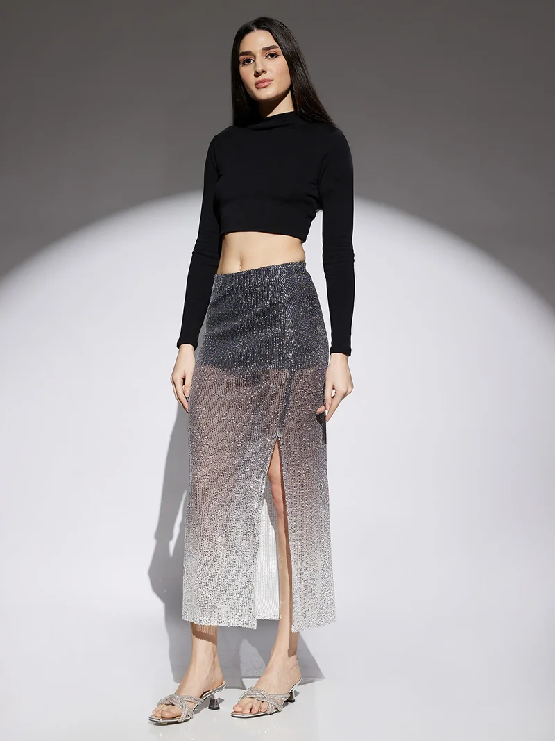 globus Women Midnight Blue Ombre Pattern Sequin Detail Side Slit Pencil Midi Party Skirt