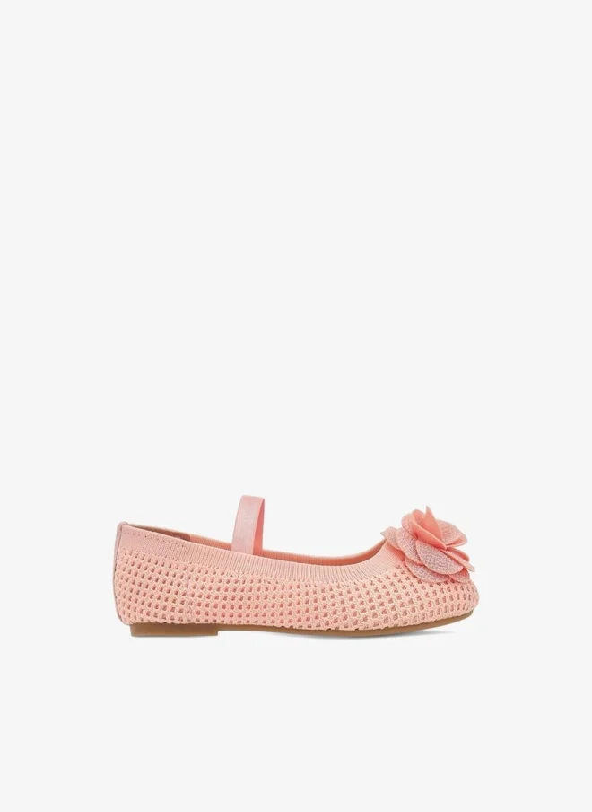Girls Textured Ballerina Shoes With Elastic And Flower Detail