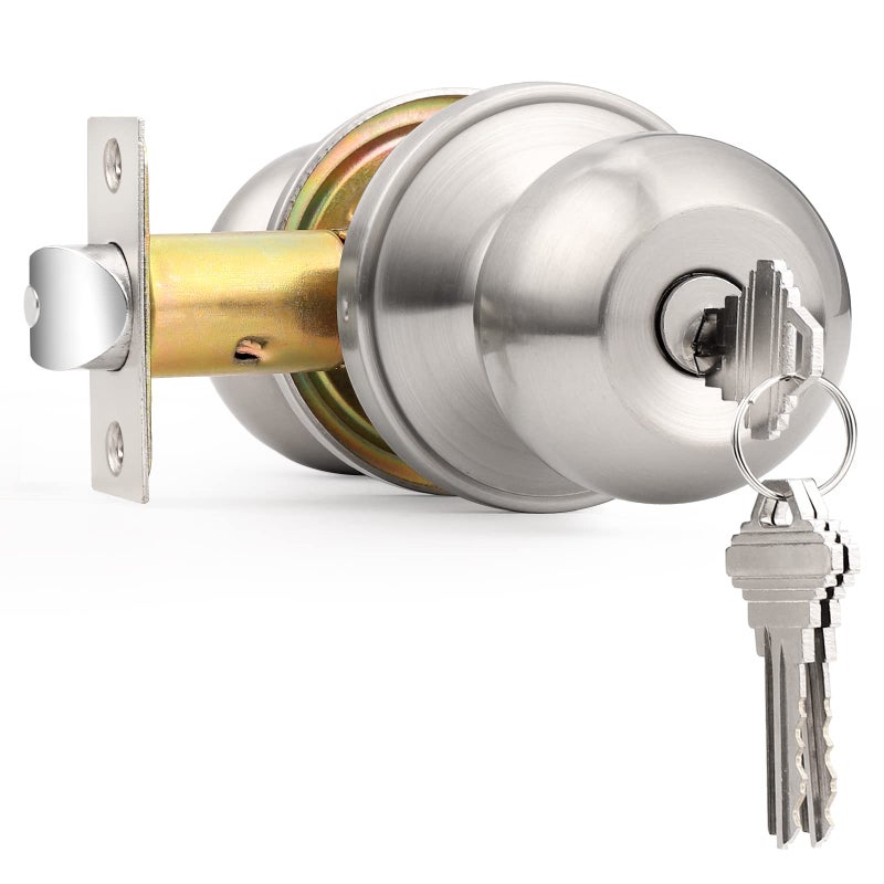 Probrico Exterior Door Knob with Lock and Key Brushed Nickel Foor Knobs 1 Pack Bedroom Door Knobs Modern Round Ball Style