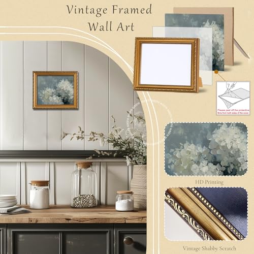uniro Vintage Gold Framed Wall Art for Home Decor Retro Blue Hydrangea Flower Canvas Art Prints Artwork Aesthetic Bedroom Wall Art Easter Floral Wall Decor French Country decor Spring Botanical Oil Painting Picture for Bathroom Gallary Living Room Office Desktop Decor 8x10Inch - Image 3