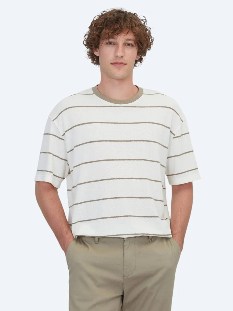 Kip Ecru Striped Cotton Blended T-Shirt