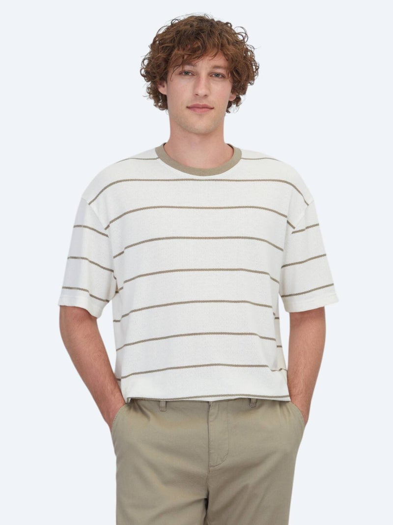 Kip Ecru Striped Cotton Blended T-Shirt - Image 1