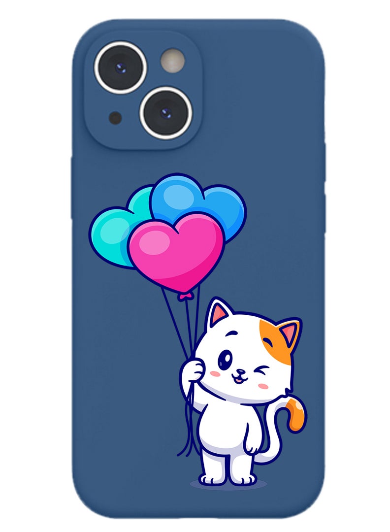 Theodor Protective Slim Fit Case Liquid Silicone Cover with Full Body Protection Anti-Scratch Shockproof Case For iPhone 13 Blue  - Cat love - Image 1