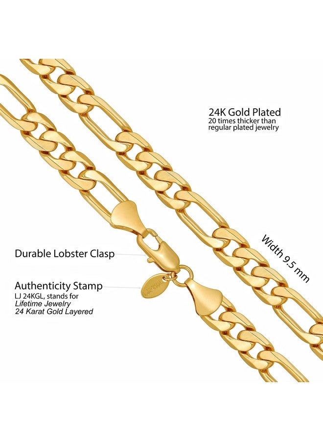 Lifetime Jewelry Beveled Figaro Chain Necklaces For Women And Men 24K Real Gold Plated  (6.5Mm, 8Mm, 9.5Mm & 11Mm) (24 Inches, 9.5Mm, Gold)  - Image 4
