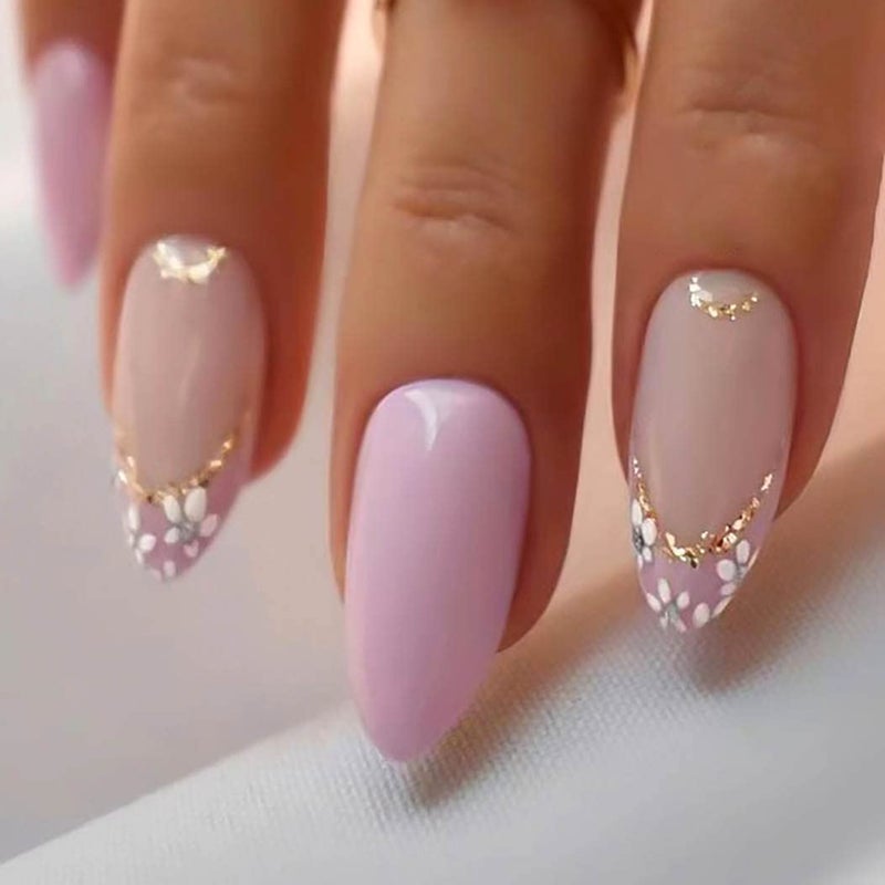 RikView Almond Press on Nails - Medium Length Acrylic Nails with Purple French Tip, Glossy Full Cover - Image 1