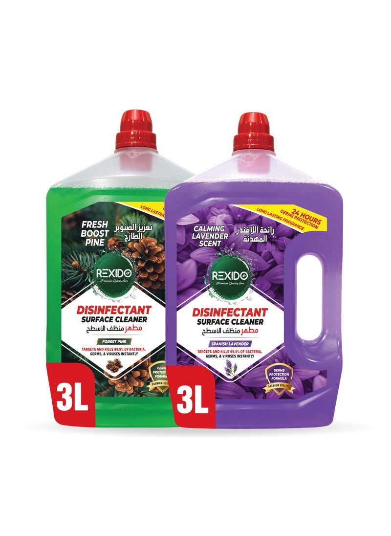 REXIDO - High Performance Disinfectant Floor Cleaner, Power Clean & Deodorize, Kills 99.9% Bacteria & Germs, 24-Hour Protection & Freshness, Spanish Lavender + Forest Pine 3L X 2 (Twin Pack). - Image 1