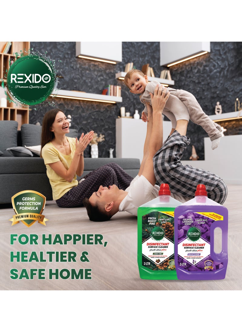 REXIDO - High Performance Disinfectant Floor Cleaner, Power Clean & Deodorize, Kills 99.9% Bacteria & Germs, 24-Hour Protection & Freshness, Spanish Lavender + Forest Pine 3L X 2 (Twin Pack). - Image 1