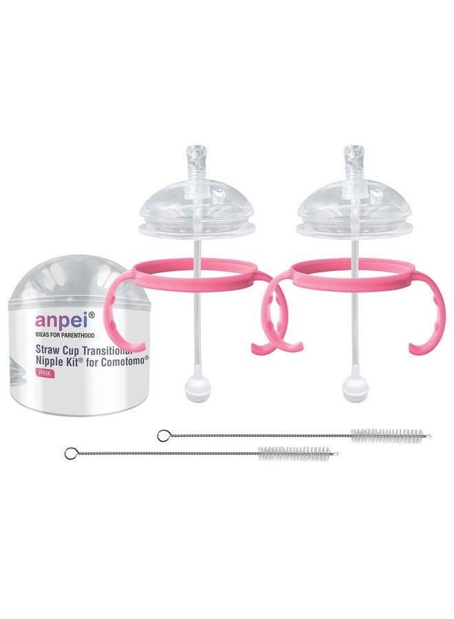 AnPei مجموعة أدوات الحلمة الانتقالية ذات الكأس القشية المتوافقة مع زجاجات الأطفال كوموتومو 5 أونصة و8 أونصة؛ مجموعة اقتصادية مكونة من مجموعتين + فرش (وردي) - Image 1