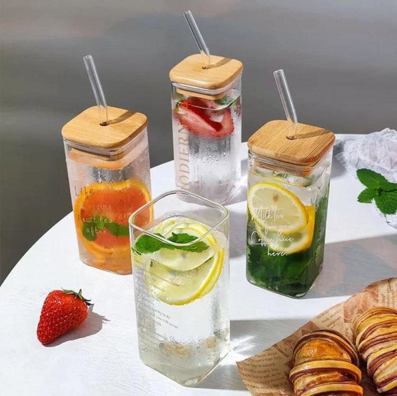 WRINGO Random Printed Squre Glass Mason Water Drinking Glass Sipper Tumbler Cup Mug for Hot Tea and Coffee Can Mug Bamboo with Lid and Glass Straw 350ML for Milk Glass Sipper Tumbler Cup Set of 1 - Image 3