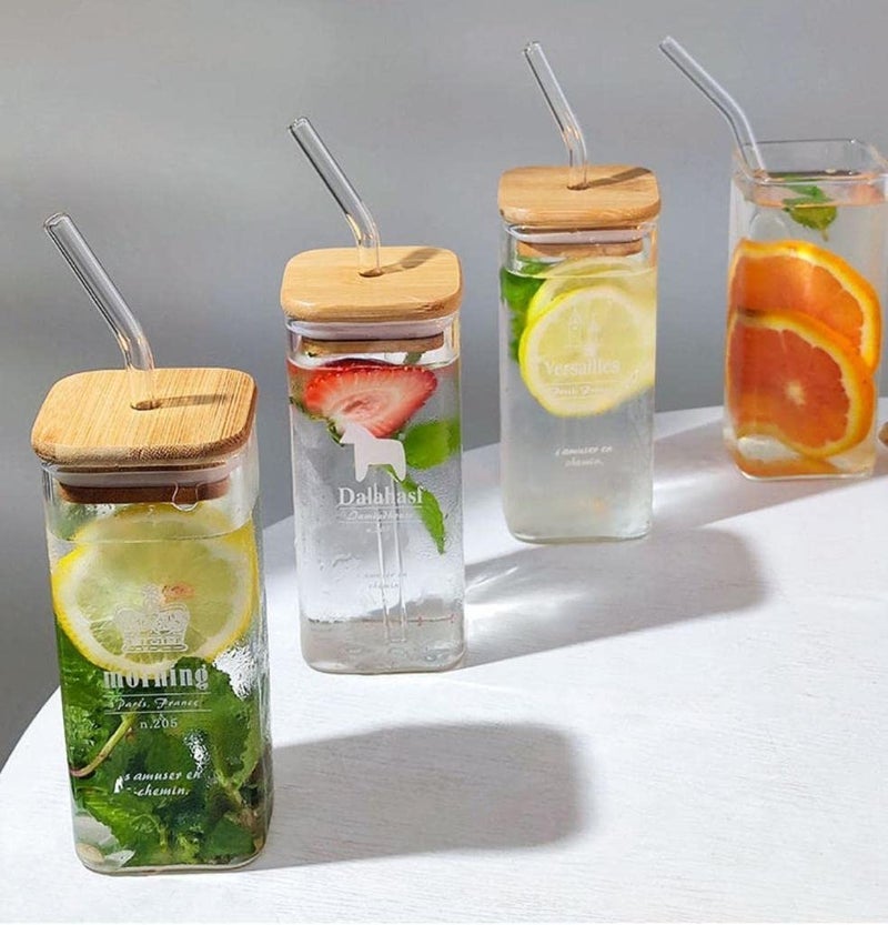 WRINGO Random Printed Squre Glass Mason Water Drinking Glass Sipper Tumbler Cup Mug for Hot Tea and Coffee Can Mug Bamboo with Lid and Glass Straw 350ML for Milk Glass Sipper Tumbler Cup Set of 1 - Image 4