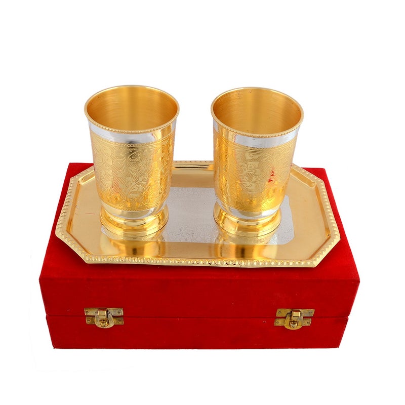 PIEPOT Piepot Silver Gold Plated Brass Glass for Drinking Water Set with Tray Set of 3 Glass Tumbler 660 Ml Best Gift for Wedding Anniversary Diwali with Beautiful Red Velvet Box - Image 1