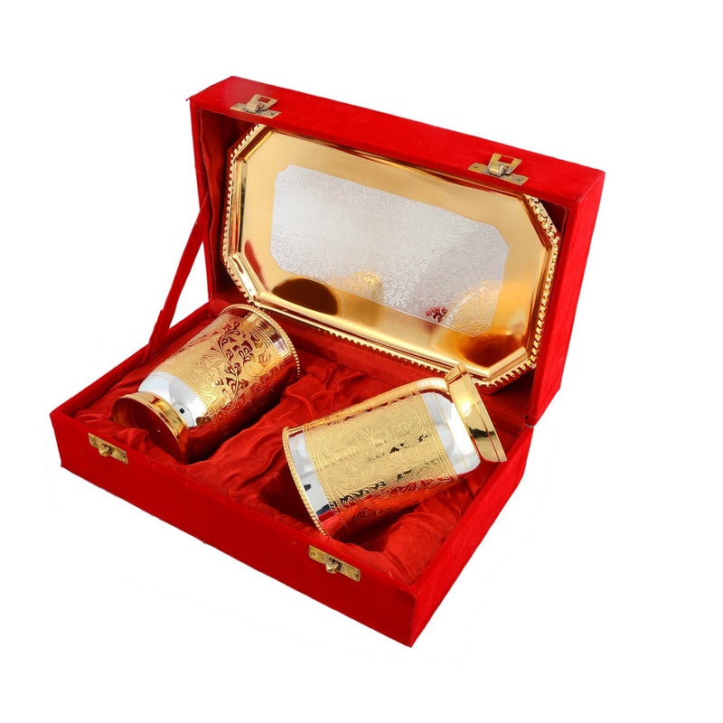PIEPOT Piepot Silver Gold Plated Brass Glass for Drinking Water Set with Tray Set of 3 Glass Tumbler 660 Ml Best Gift for Wedding Anniversary Diwali with Beautiful Red Velvet Box - Image 2