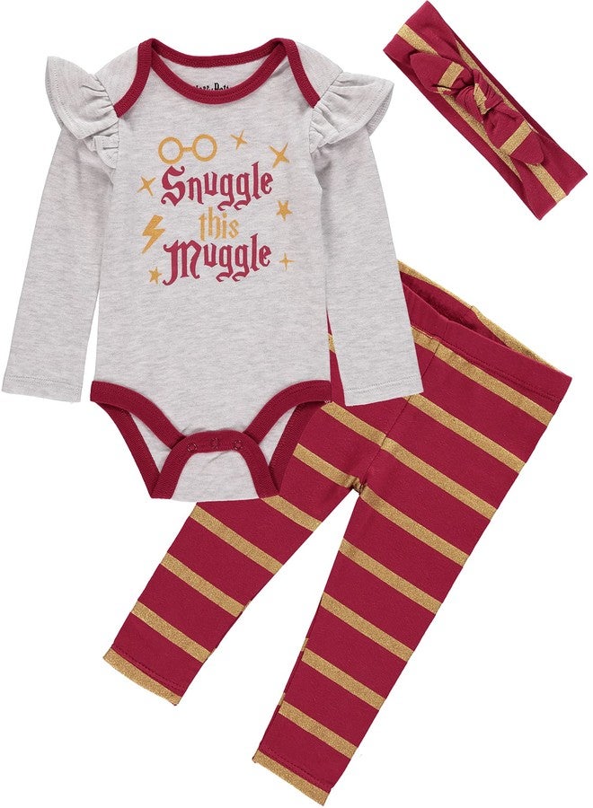 Harry Potter Baby Girls Clothing 3-Piece Set with Bodysuit, Leggings, and Headband Gifts for Girls (Grey/Red/Yellow, 6-9M) - Image 1