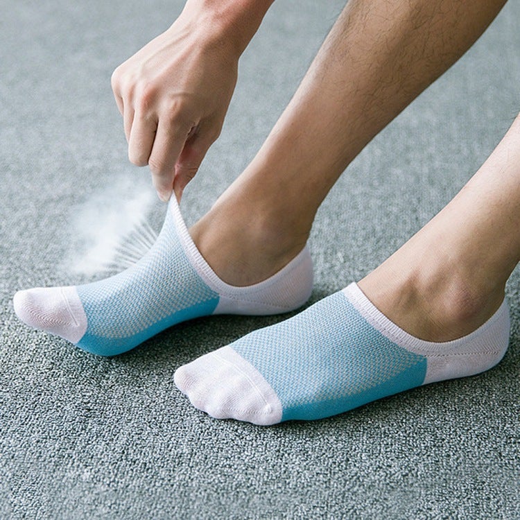 Mens Mesh Invisible Boat Socks Stripe Silicone Blue White - Image 2