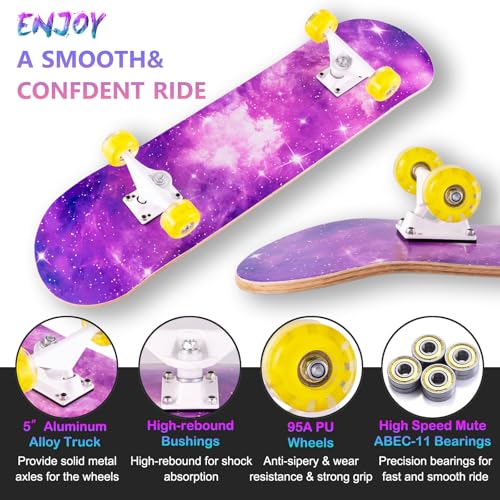 CLYCTIP Skateboard31 x 8 Inch Complete Skateboard 8Layer Maple Wood Deck Double Kick Standard Skateboards for Kids Teens Adult Beginner SkyZS - Image 3