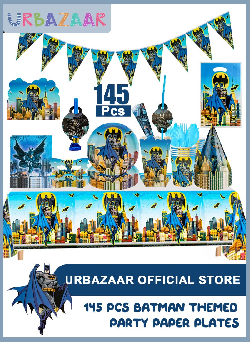 URbazaar 145Pcs Batman and friends Birthday Party Supplies,includes Banner,Backdrop,Tableware Set,Tablecover,Cake Toppers, etc Batman party decorations - Image 1
