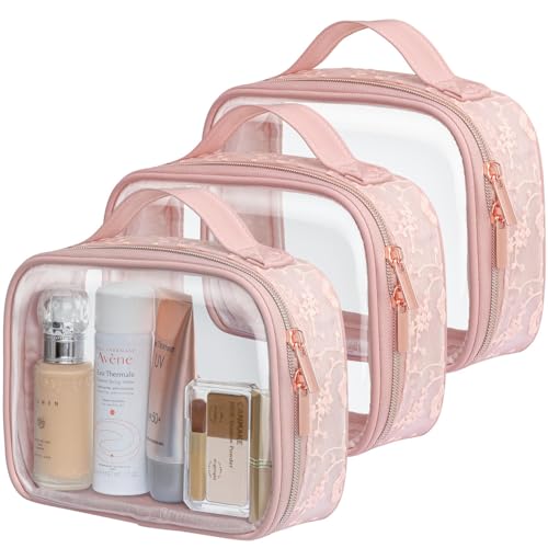 PACKISM TSA Approved Toiletry Bag  Floral Texture Lace Clear Makeup Bags with Handle Clamshell Closing 180 Opening Clear Toiletry Bags for Travel Essentials 05 mm Thick Pink