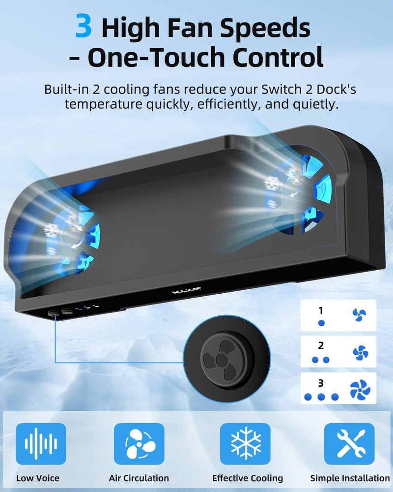 OLCLSS Switch 2 Cooling Fan Dock, Dual High-Speed Fans with 3-Speed Adjustment, RGB Lighting, Quiet Operation, Wall Mountable Stand, USB Powered Cooling Fan Station for Switch 2 Console - Image 3
