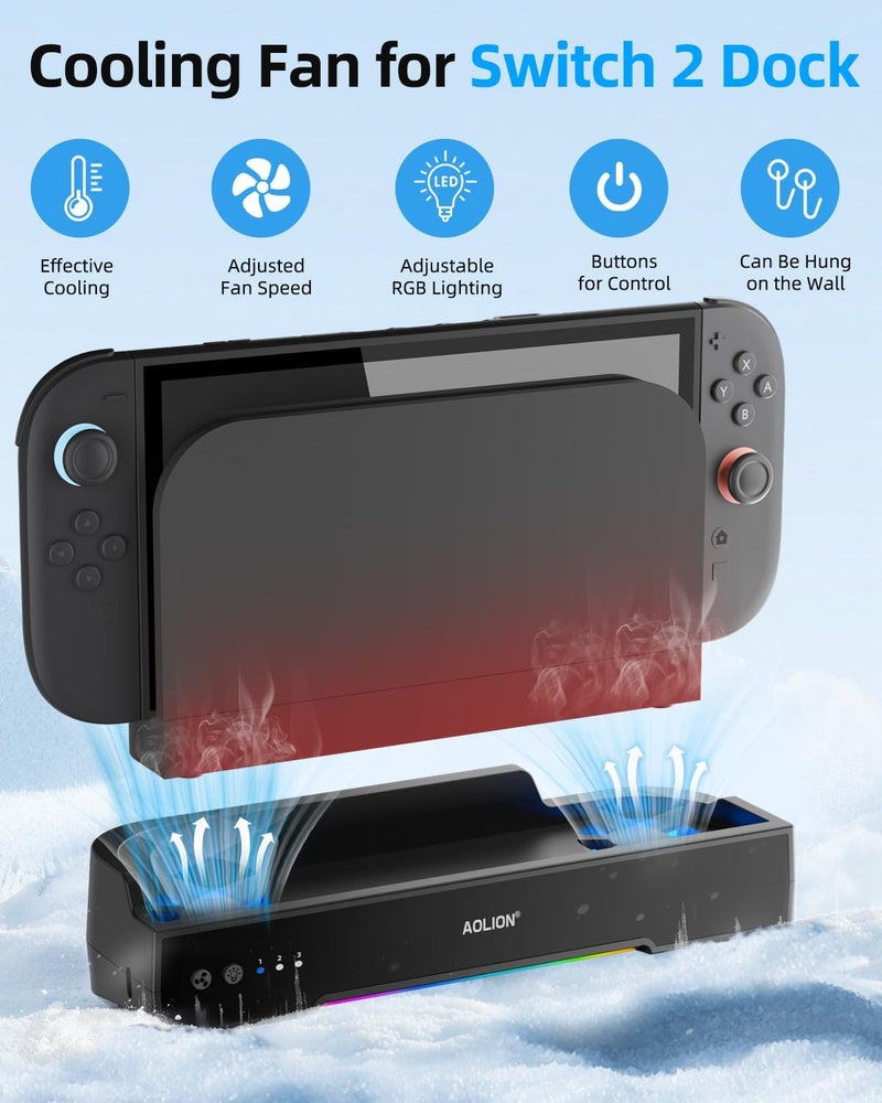 OLCLSS Switch 2 Cooling Fan Dock, Dual High-Speed Fans with 3-Speed Adjustment, RGB Lighting, Quiet Operation, Wall Mountable Stand, USB Powered Cooling Fan Station for Switch 2 Console - Image 2