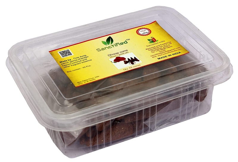 SANCTIFIED Incense Cow Dung PanchGavya Aromatic Dhoop Cone for Pooja Worship Meditation Pack of 62pc Gulab Scent - Image 1