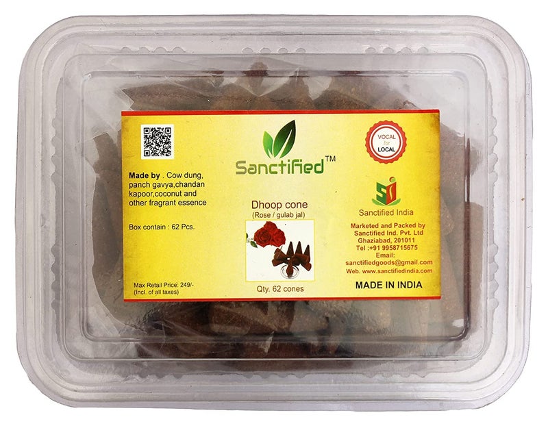 SANCTIFIED Incense Cow Dung PanchGavya Aromatic Dhoop Cone for Pooja Worship Meditation Pack of 62pc Gulab Scent - Image 2