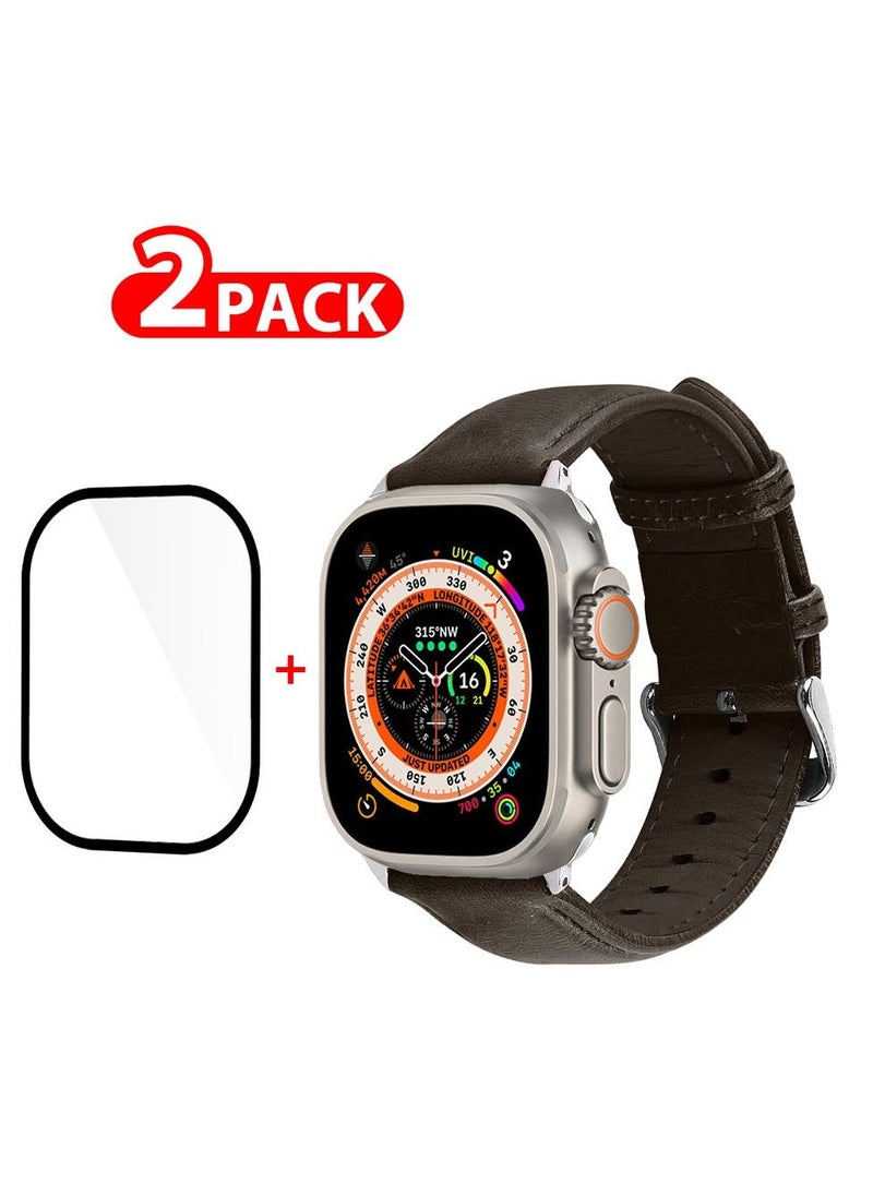 CATANES - 2 Packs For Apple Watch Band 49mm Leather Band Buckle Strap Wristband and 3D Screen Protector Dark Brown - Image 1