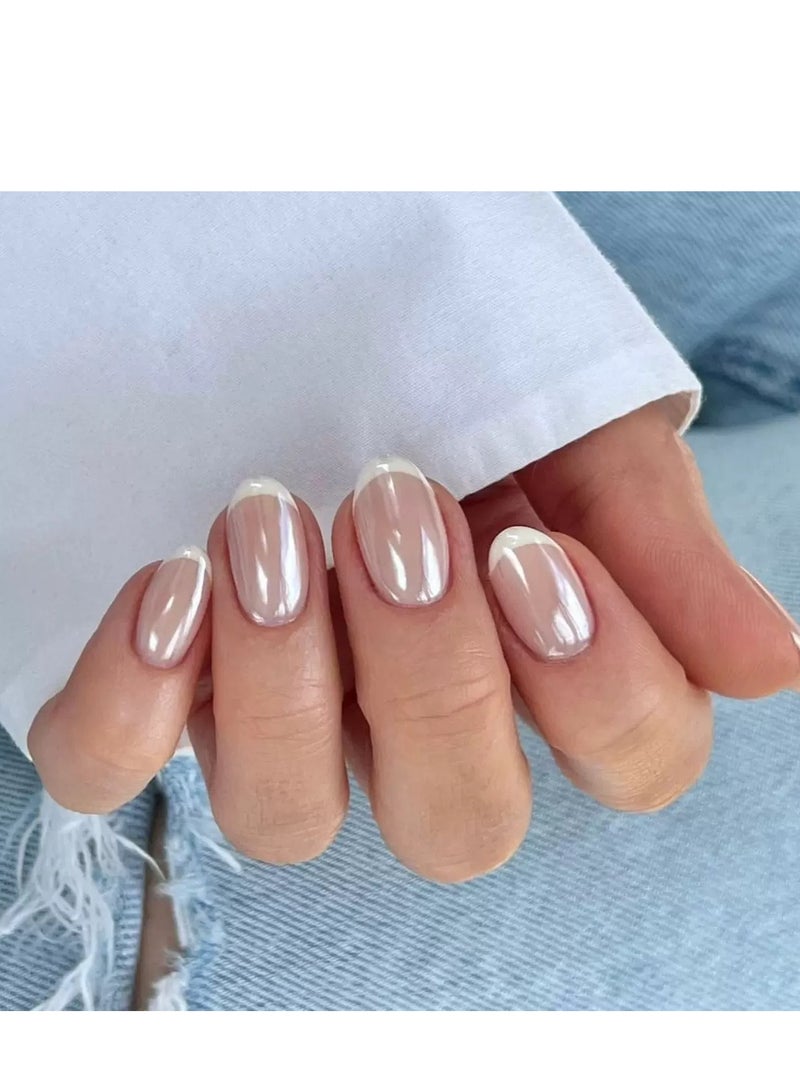 JOSQUEWNN Press On Nails 30pcs, Almond-Shaped Orchid Nail Art,Featuring a Minimalist French Design. Fashionable And Elegant, These Nails Are Perfect For Any Occasion,Fake Acrylic Nails With Glue Kit. - Image 1