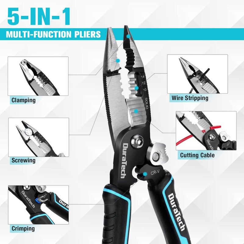 DURATECH 5-in-1 Wire Stripper, 8" Wire Stripper and Crimping Tool, Premium CR-V Construction, Needle Nose Plier, Multifunctional Electrician Pliers for Crimping, Cutting, Stripping, Shearing, Clamping - Image 2