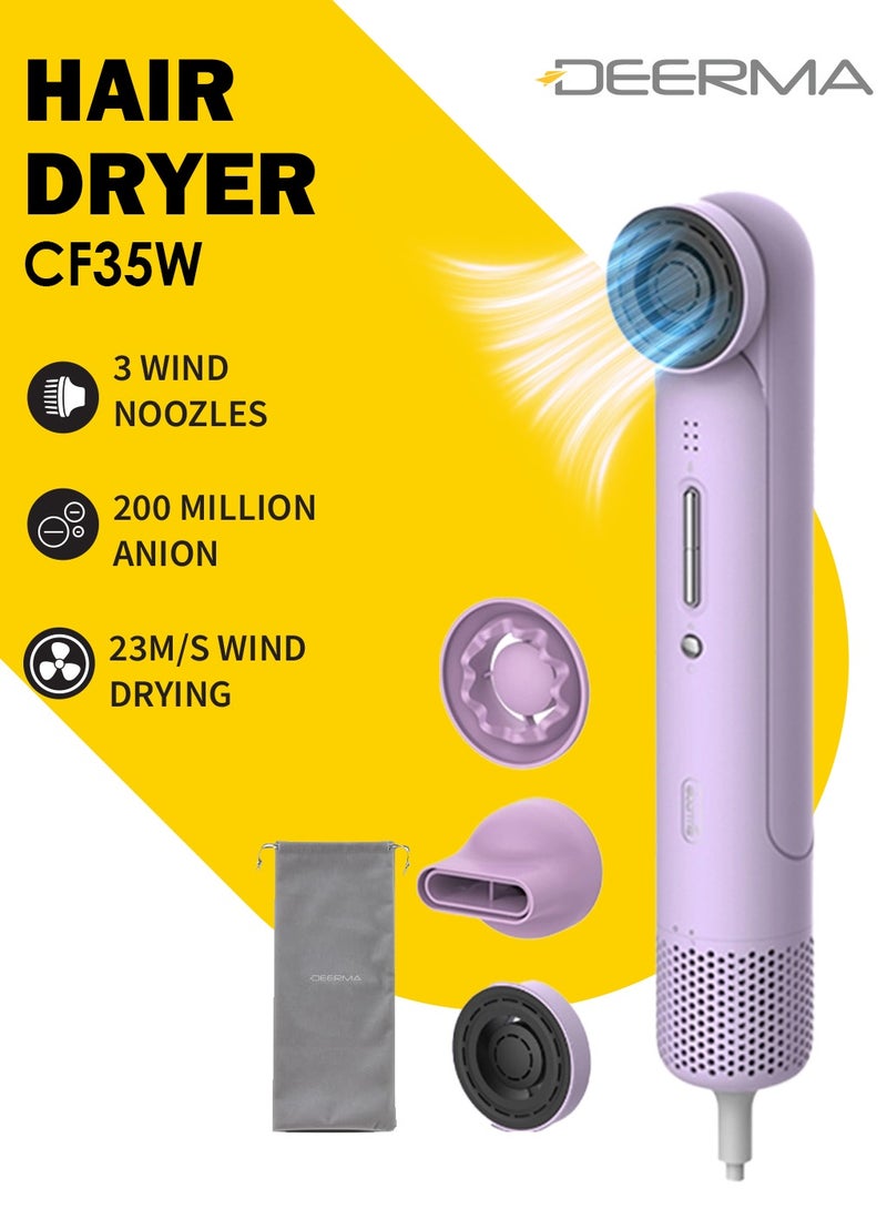 Deerma High Wind Speed Hair Dryer With Columnar Design, 200 Million Negative Ion Hair Care, 23 m/s Speed Wind, 60° Magnetic Suction Wind Nozzle and 12 Dry Hair Mode, Lightweight and Portable DEM-CF35W -Purple - Image 1
