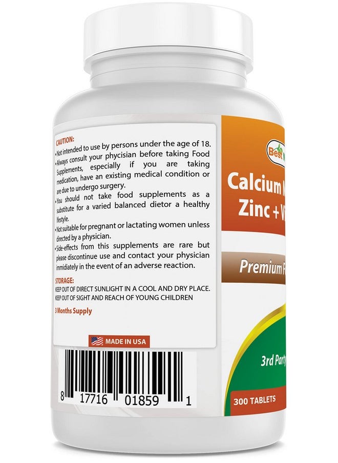 Best Naturals - Calcium Magnesium Zinc With Vitamin D3 300 Tablets Calcium 1000 Mg Magnesium 400 Mg Zinc 25 Mg & D3 600 Iu Per Serving (3 Tablets) - Image 1