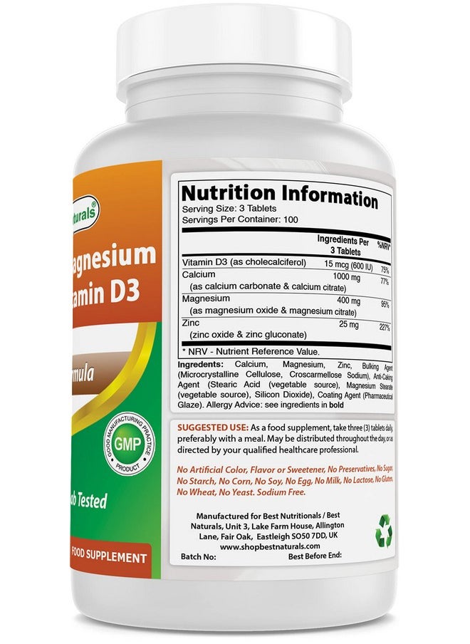 Best Naturals - Calcium Magnesium Zinc With Vitamin D3 300 Tablets Calcium 1000 Mg Magnesium 400 Mg Zinc 25 Mg & D3 600 Iu Per Serving (3 Tablets) - Image 1
