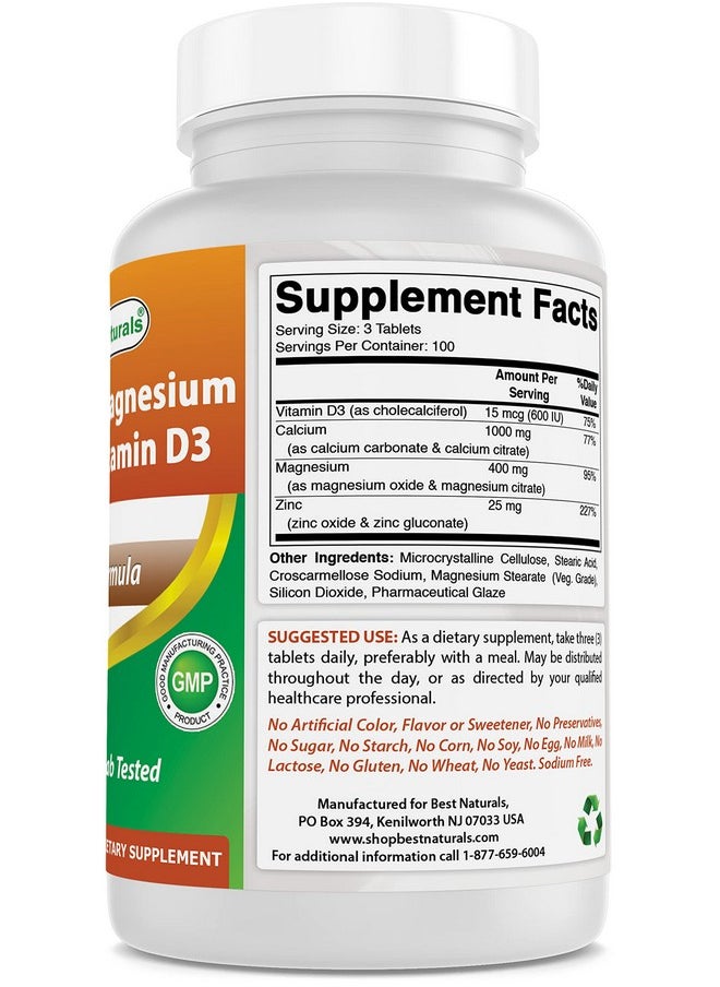 Best Naturals - Calcium Magnesium Zinc With Vitamin D3 300 Tablets Calcium 1000 Mg Magnesium 400 Mg Zinc 25 Mg & D3 600 Iu Per Serving (3 Tablets) - Image 1