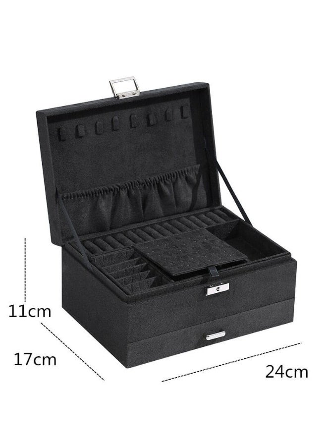 MileMelo Large Jewelry Organizer Box for Women and Men, Velvet Jewelry Box with Lock and Drawers, 3-Tier Display Case, Varying Compartments for Necklace, Bracelets, Earrings, Rings and Watch (Black) - Image 2