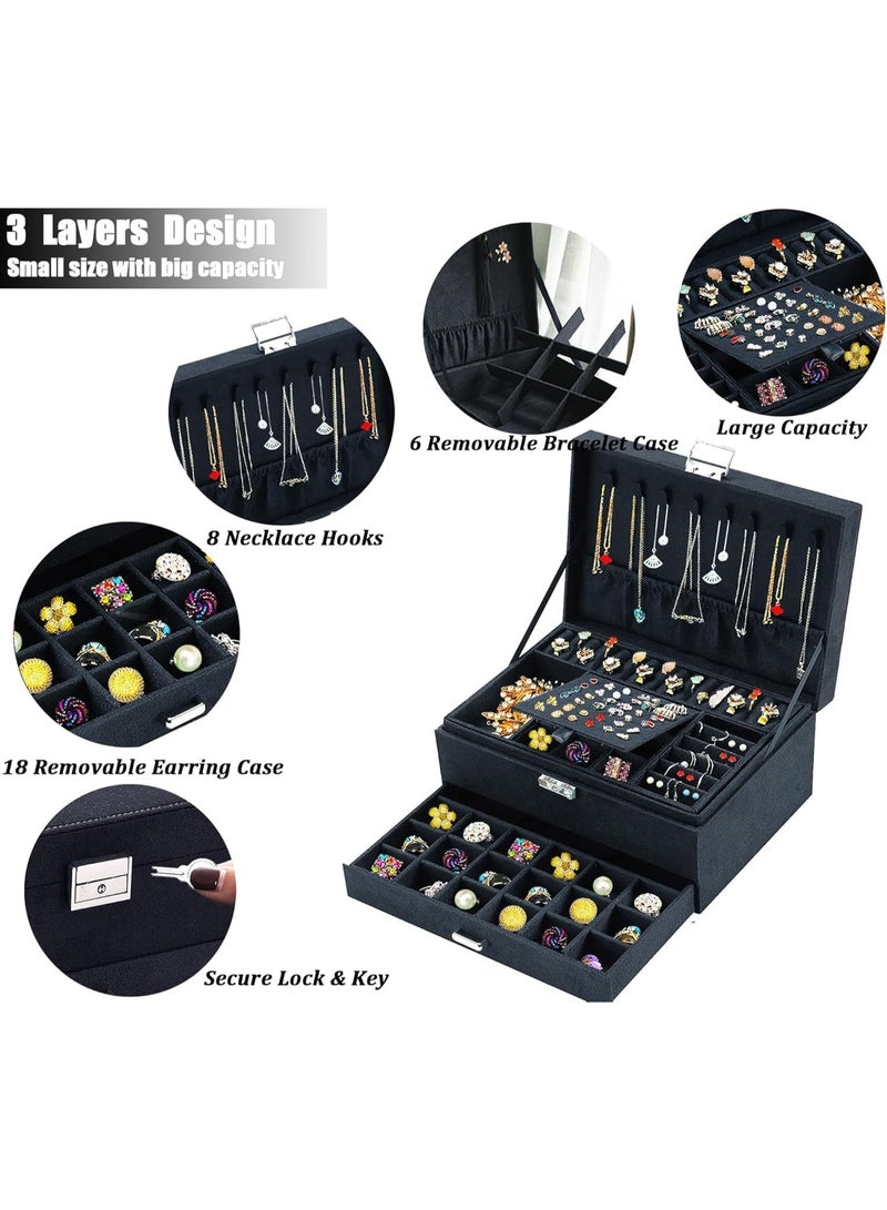 MileMelo Large Jewelry Organizer Box for Women and Men, Velvet Jewelry Box with Lock and Drawers, 3-Tier Display Case, Varying Compartments for Necklace, Bracelets, Earrings, Rings and Watch (Black) - Image 3