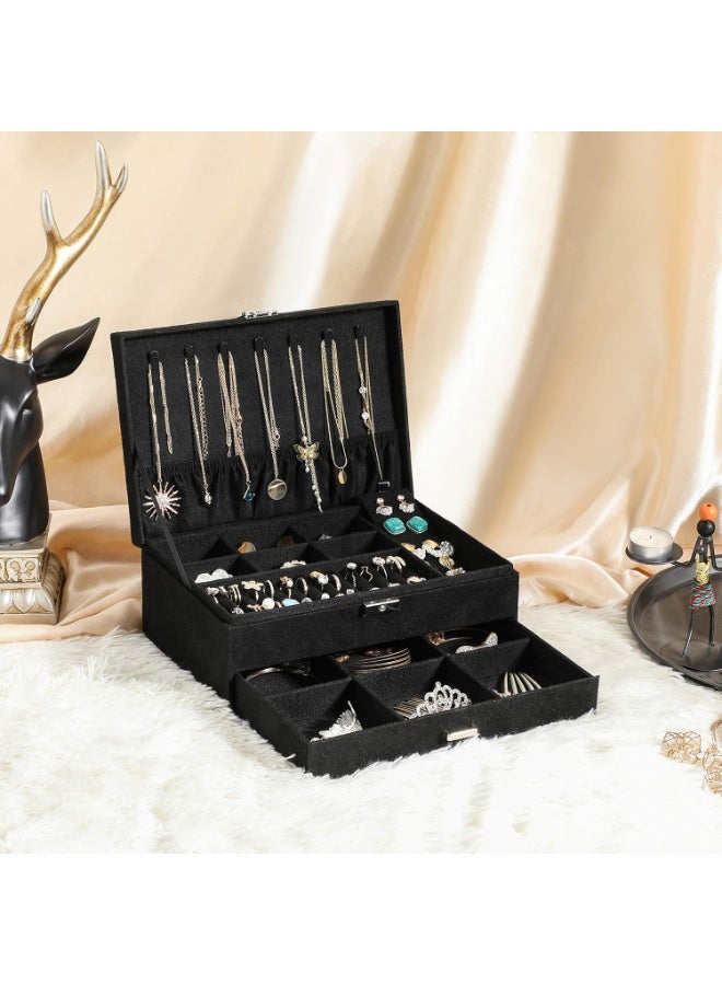 MileMelo Large Jewelry Organizer Box for Women and Men, Velvet Jewelry Box with Lock and Drawers, 3-Tier Display Case, Varying Compartments for Necklace, Bracelets, Earrings, Rings and Watch (Black) - Image 5