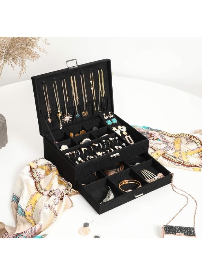 MileMelo Large Jewelry Organizer Box for Women and Men, Velvet Jewelry Box with Lock and Drawers, 3-Tier Display Case, Varying Compartments for Necklace, Bracelets, Earrings, Rings and Watch (Black) - Image 4