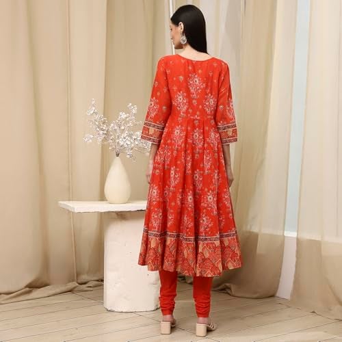 Biba Women Orange Cotton Fitted Kurta Set_42 - Image 4