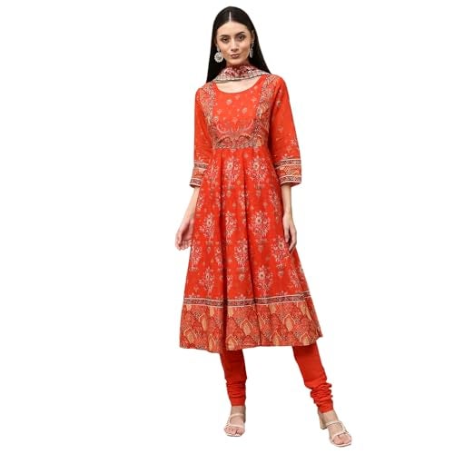 Biba Women Orange Cotton Fitted Kurta Set_42 - Image 1