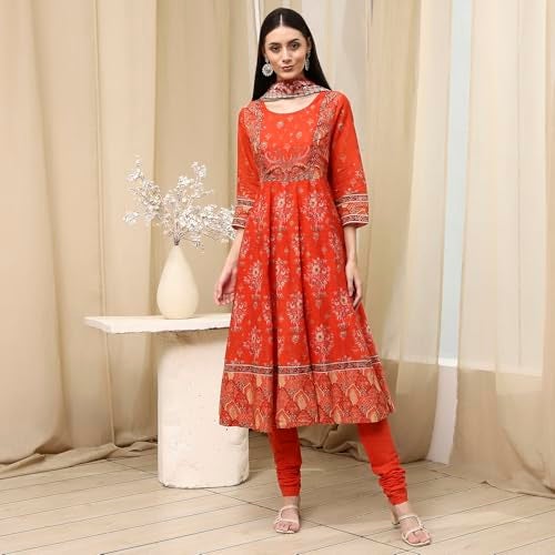Biba Women Orange Cotton Fitted Kurta Set_42 - Image 5